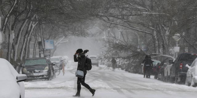 A commuter walks to a bus stop as snow falls, Monday, Nov. 26, 2018, in Chicago.