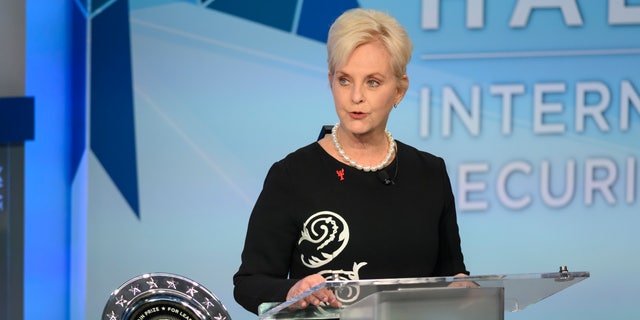 Cindy McCain, wife of the late U.S. Sen. John McCain, pauses while presenting the inaugural John McCain Prize for Leadership in Public Service to the People of the island of Lesbos, Greece at the Halifax International Security Forum in Halifax on Saturday, Nov. 17, 2018.  (Darren Calabrese /The Canadian Press via AP)