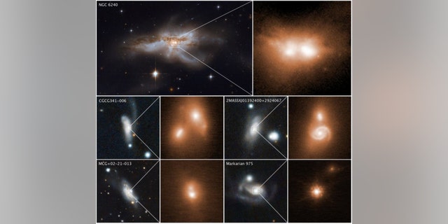 These images reveal the final stage of a union between pairs of galactic nuclei in the messy cores of colliding galaxies. Credit: NASA, ESA, and M. Koss (Eureka Scientific, Inc.)