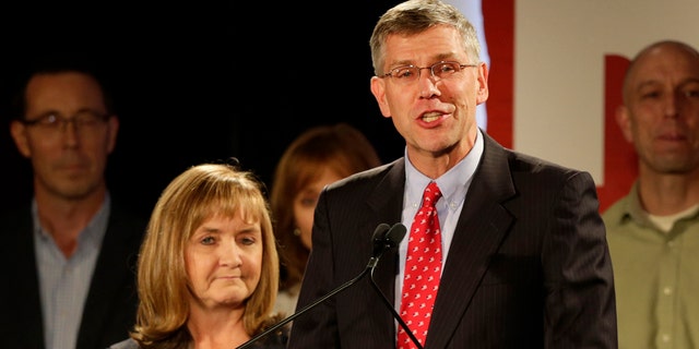 U.S. Rep. Erik Paulsen, running in Minnesota's 3rd Congressional District race, makes his concession speech at his Republican election night party, Tuesday, Nov. 6, 2018, in Bloomington, Minn. (AP Photo/Andy Clayton-King)