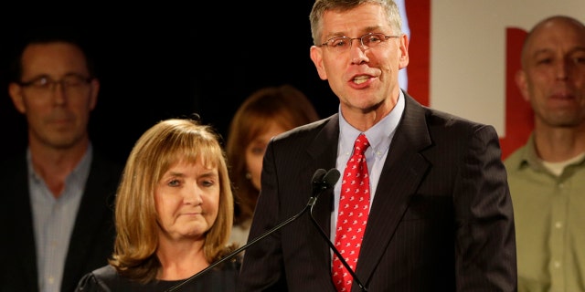 U.S. Rep. Erik Paulsen, running in Minnesota's 3rd Congressional District race, makes his concession speech at his Republican election night party, Tuesday, Nov. 6, 2018, in Bloomington, Minn. (AP Photo/Andy Clayton-King)