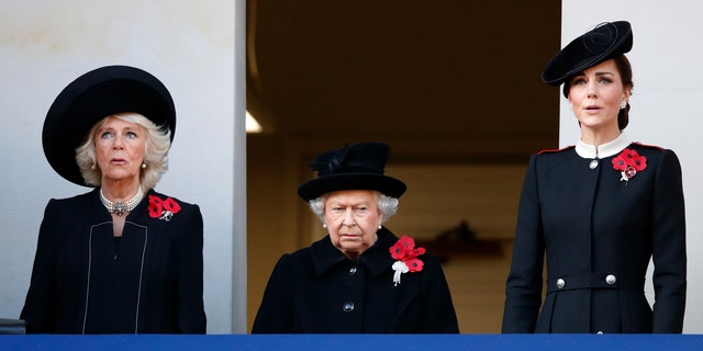 Camilla, the Duchess of Cornwall, Queen Elizabeth II and Catherine, the Duchess of Cambridge attend the annual Cenotaph Remembrance Sunday celebration on November 11, 2018 in London, England.