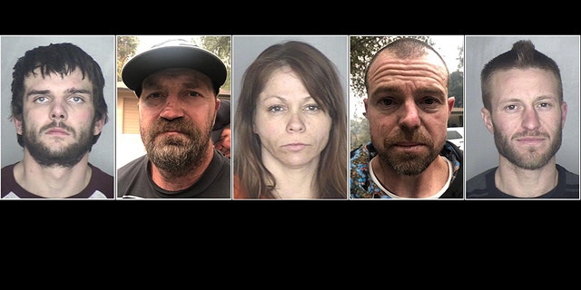 Shayne Tinnel Jr, Jason Burns, Tracey Sizer, Michael Salisbury, and Teddy King (Pictured left to right) have been arrested this week for crimes in the mandatory evacuation zone for the Camp Fire in Northern California, according to officials.