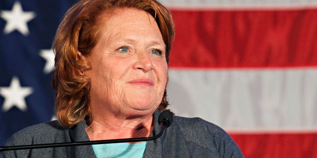 Sen. Heidi Heitkamp, D-N.D., addresses supporters at an election night watch party on Tuesday, Nov. 6, in West Fargo, N.D. Republican Rep. Kevin Cramer defeated Heitkamp. (AP Photo/Ann Arbor Miller)