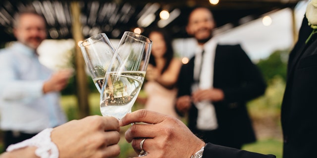 Close up of new married couple toasting champagne glasses at wedding party. Bride and groom hands clinking glasses at wedding reception.