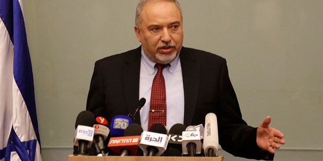 Israeli Defense Minister Avigdor Lieberman speaks Wednesday at Israel's Parliament in Jerusalem.