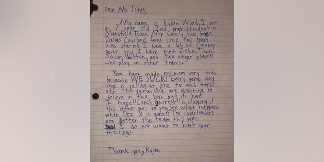Rylan Wood, 7, writes to Jones that his mom was very mad because "we suck."