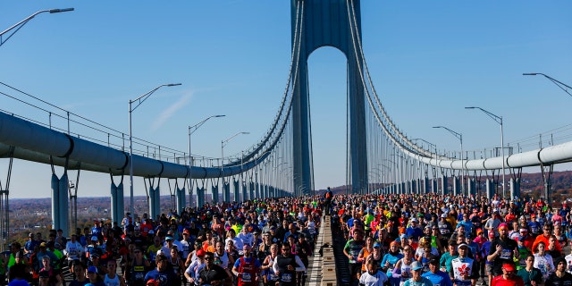Runners as they cross the Verrazano-Narrows Bridge during the New York City Marathon on Sunday, Nov. 4, 2018, in New York.