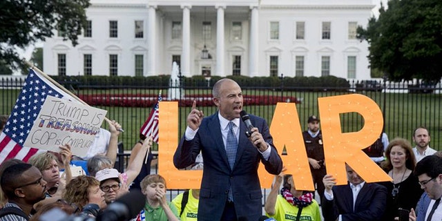 In this July 17, 2018, file photo, Michael Avenatti, attorney for porn star Stormy Daniels, speaks at an "Occupy Lafayette Park" protest outside the White House in Washington.