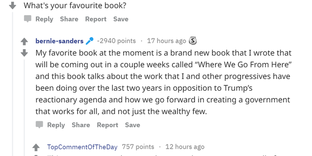 One answer by Bernie Sanders prompted mockery and criticism after brazenly plugging his book when quizzed about his favorite book.