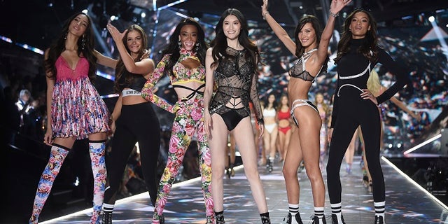 Models Yasmin Wijnaldum, left, Barbara Palvin, Winnie Harlow, Sui He, Bella Hadid and Lameka Fox walk the runway during the 2018 Victoria's Secret Fashion Show at Pier 94 on Thursday, Nov. 8, 2018, in New York.