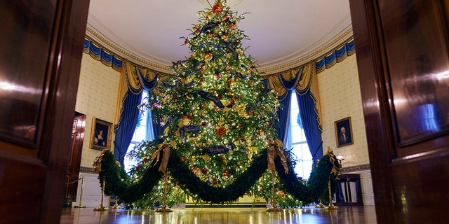 The official White House Christmas tree is seen in the Blue Room during the 2018 Christmas Press Preview at the White House.