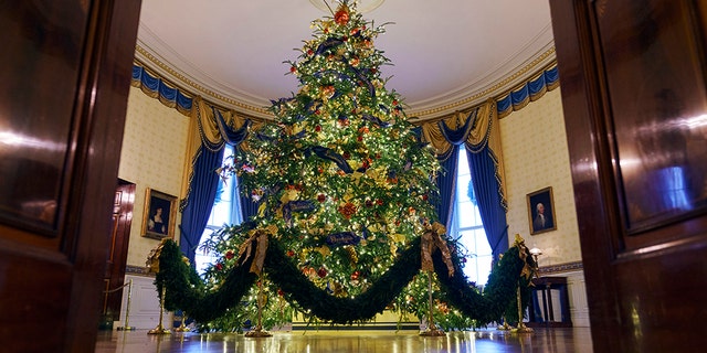 The official Christmas tree of the White House is seen in the Blue Room during the opening of the 2018 Christmas Press at the White House.