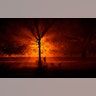 A man walks through a park during cold fog at night in Athboy, Ireland, Oct. 31, 2018. 