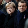 French President Emmanuel Macron, German Chancellor Angela Merkel and President Donald Trump attend a commemoration ceremony for Armistice Day, 100 years after the end of the First World War at the Arc de Triomphe in Paris, November 11, 2018. 