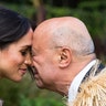 Meghan, Duchess of Sussex performs a hongi as she attends a traditional welcome ceremony on the lawns of Government House in Wellington, New Zealand, Oct. 28, 2018.