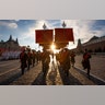 Russian soldiers dressed in Red Army World War II uniforms march during a rehearsal for a parade in Red Square, in Moscow, November 5, 2018. 