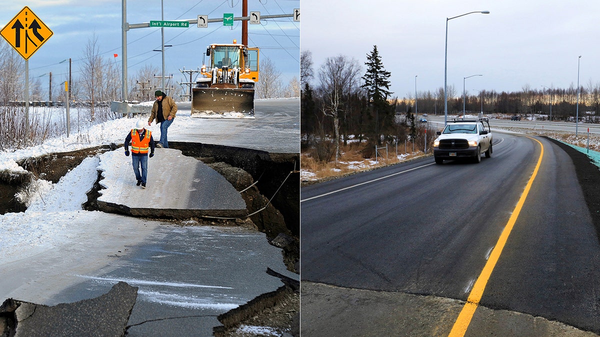 Construction workers rebuilt the ramp that was significantly damaged during a magnitude 7.0 earthquake.