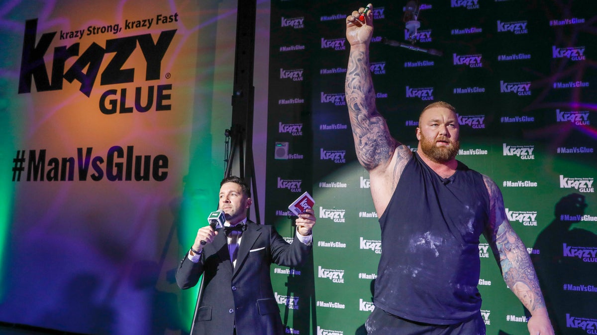 IMAGE DISTRIBUTED FOR KRAZY GLUE - Just one drop of Krazy Glue is strong enough to lift world's strongest man Hafthor Bjornsson and was put to the test at the Man Vs. Glue event.