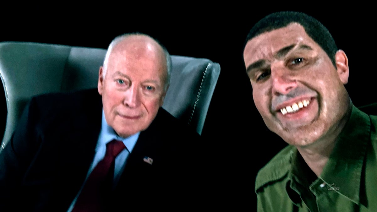 Baron Cohen's previous work includes the 2006 film "Borat" and 2012's "The Dictator." Here the actor appears with former Vice President Dick Cheney, portraying retired Israeli Col. Erran Morad in "Who Is America?" (Showtime via AP)