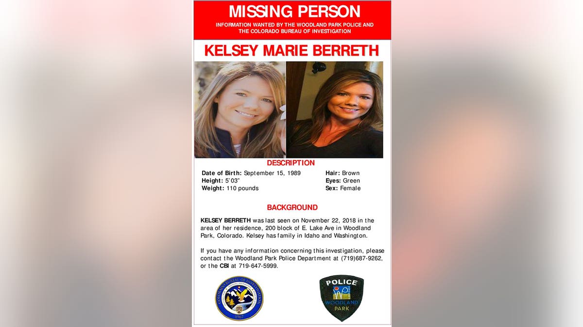 A missing person poster on Kelsey Berreth, seen on the Woodland Park, Colo., Police Department's Facebook page on Dec. 10, 2018.