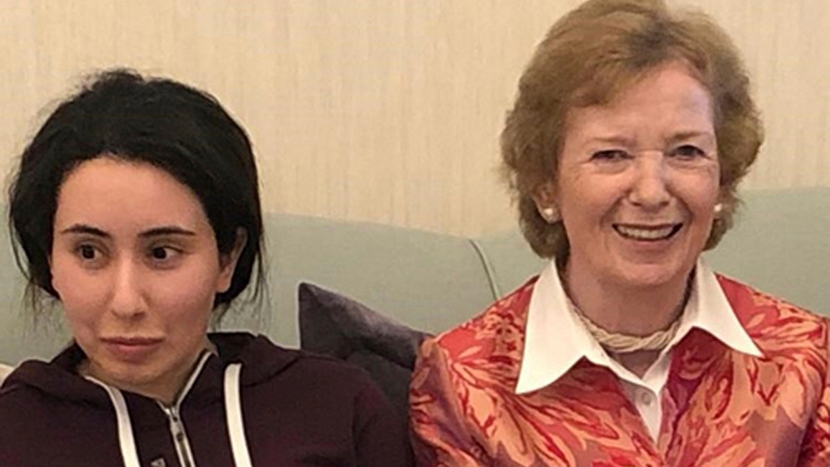 Sheikha Latifa bint Mohammed Al Maktoum, a daughter of Dubai's ruler Sheikh Mohammed bin Rashid Al Maktoum, left, meets Mary Robinson, a former United Nations High Commissioner for Human Rights and former president of Ireland, in Dubai, United Arab Emirates. (United Arab Emirates Ministry of Foreign Affairs and International Cooperation via AP)