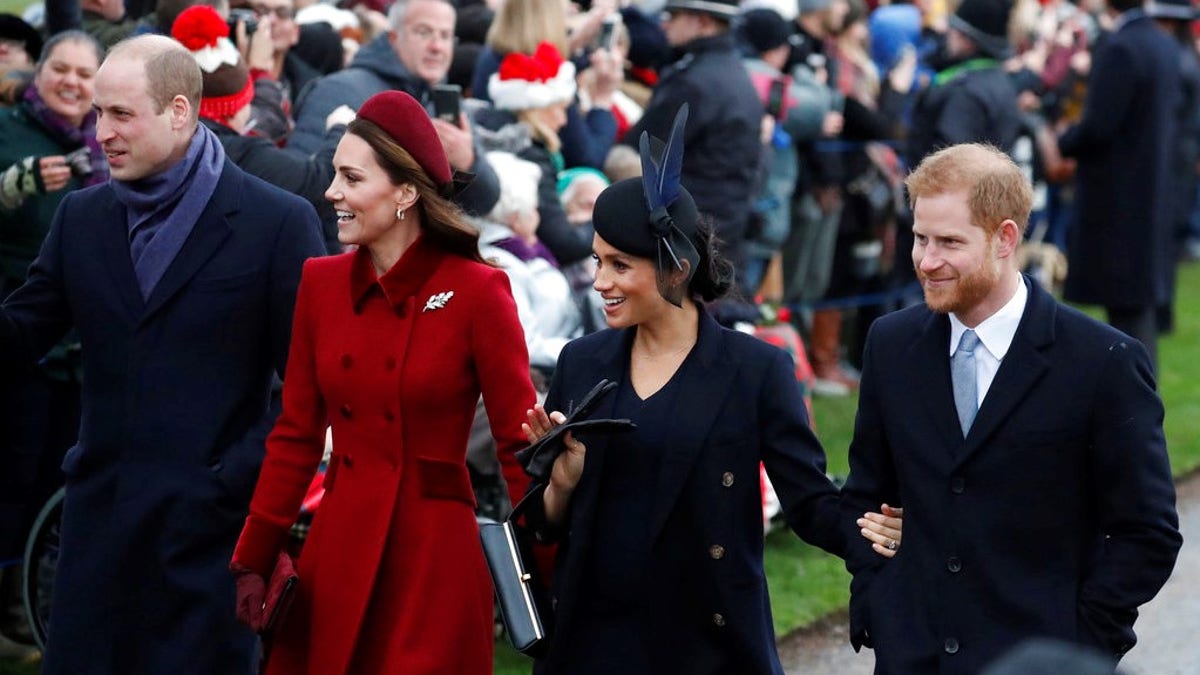Britain's Prince William, left, Kate, Duchess of Cambridge, second left, Meghan Duchess of Sussex and Prince Harry, right, arrive to attend the Christmas day service at St Mary Magdalene Church in Sandringham in Norfolk, England.