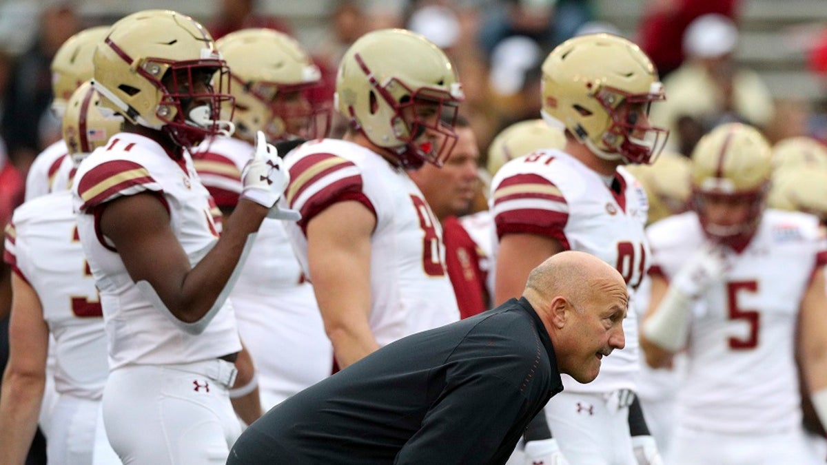 Boston College head coach Steve Addazio watches warm ups before the First Responder Bowl NCAA football game against Boise State Wednesday, Dec. 26, 2018, in Dallas. (Associated Press)