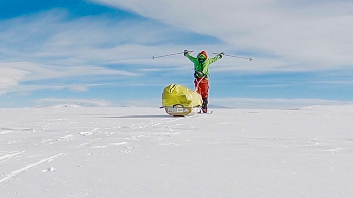 Colin O’Brady, of Portland., Ore., has become the first person to traverse Antarctica alone without any assistance. O’Brady finished the 932-mile journey Wednesday across the polar continent in 54 days, lugging his supplies on a sled as he skied in bone-chilling temperatures. (Colin O’Brady via AP)