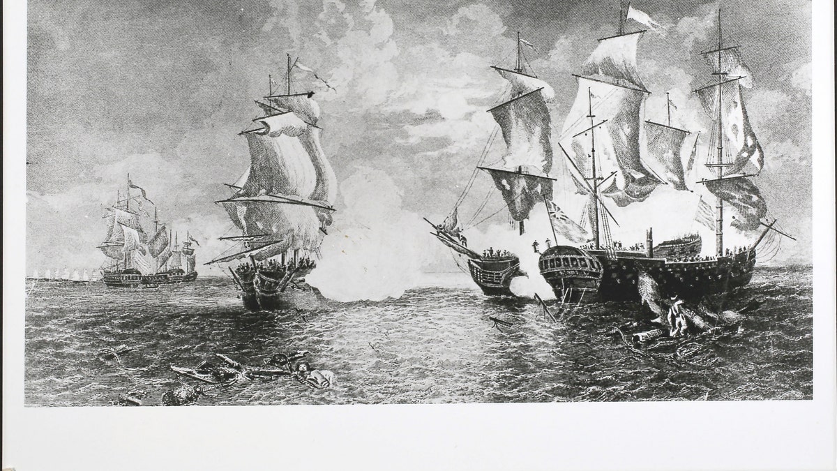 A depiction of the battle between USS Bonhomme Richard and the British frigate HMS Serapis.