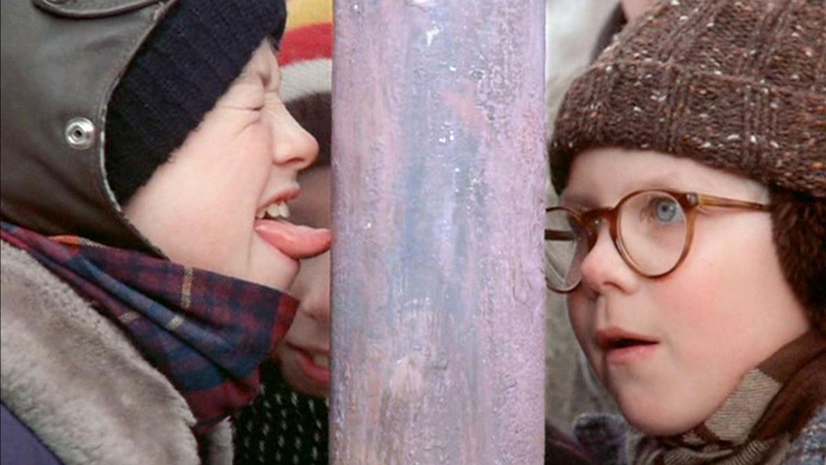 A scene from Christmas story featuring Flick and Ralphie