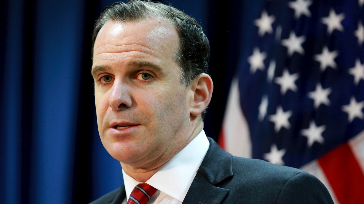 Brett McGurk, then the U.S. envoy for the global coalition against ISIL, speaks during a news conference at the U.S. Embassy Baghdad, Iraq, in 2017.