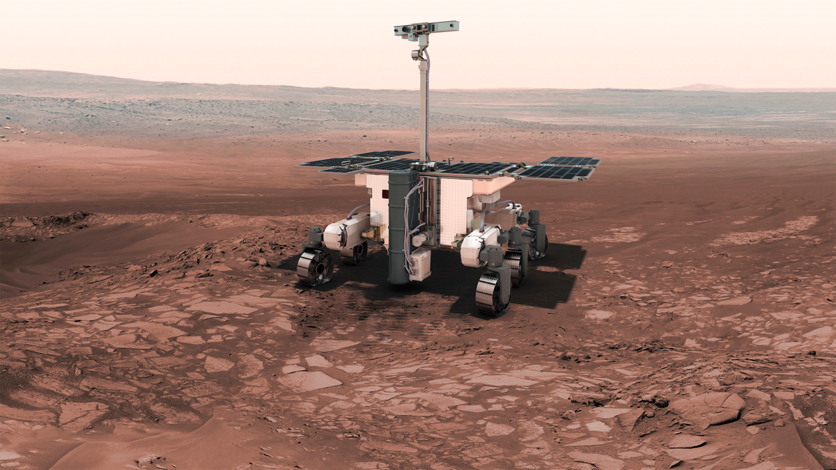 This artist rendering from the European Space Agency shows the European-Russian ExoMars rover that was set to take off from Earth in September. 