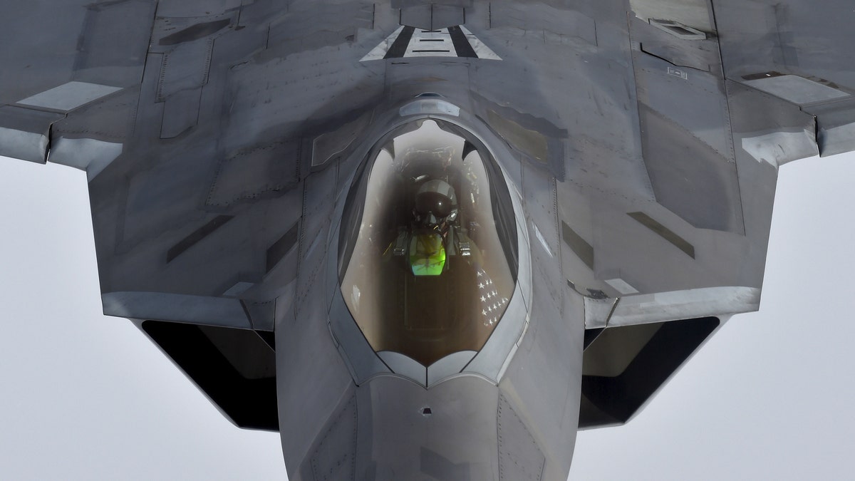 File photo - A pilot looks up from a U.S. F-22 Raptor fighter as it prepares to refuel in mid-air with a KC-135 refueling plane over European airspace during a flight to Britain from Mihail Kogalniceanu air base in Romania April 25, 2016.