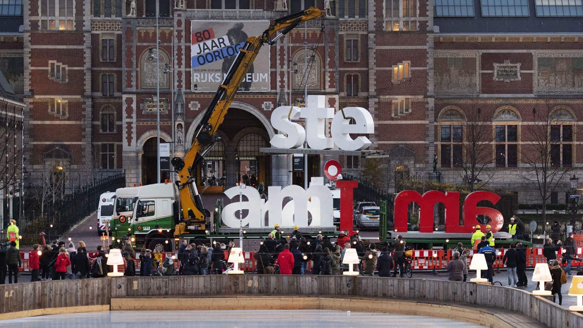 The red and white letters "I Amsterdam" are removed from the Museumplein (Museum Square) in Amsterdam, on Dec. 3, 2018.