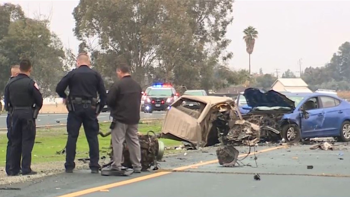 The scene after Gustavo Garcia crashed a stolen truck in Porterville, Calif. , on Monday.