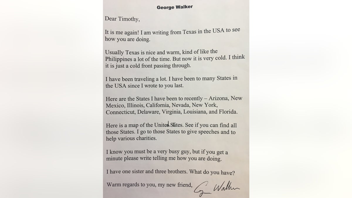 Although he couldn't tell Timothy he was a former president, he did give him hints. In one letter, he said he had traveled to 11 states recently. "I go to those States to give speeches and to help various charities," Bush wrote.