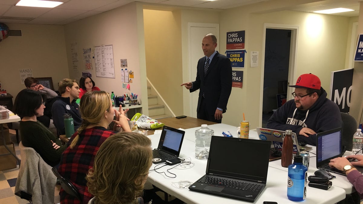 Michael Avenatti speaks with party activists and volunteers in Exeter, N.H., at the Rockingham County Democrats HQ on Oct. 22. (Paul Steinhauser)