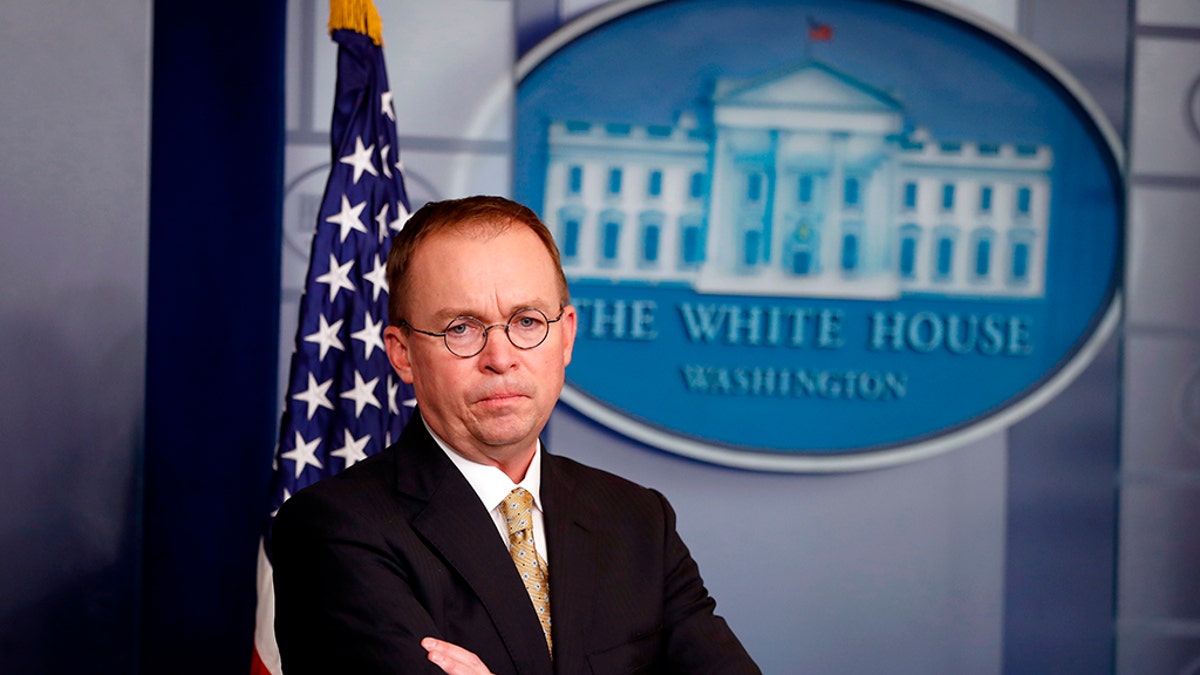 FILE – In this Jan. 20, 2018, file photo, Director of the Office of Management and Budget Mick Mulvaney stands during a press briefing at the White House in Washington. (AP)