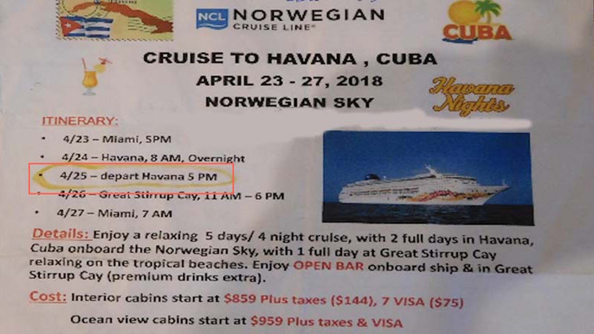 Rohrer told Elliott Advocacy they later found out Norwegian Cruise Lines had changed the scheduled departure time at Havana from 5 p.m. to 2 p.m.