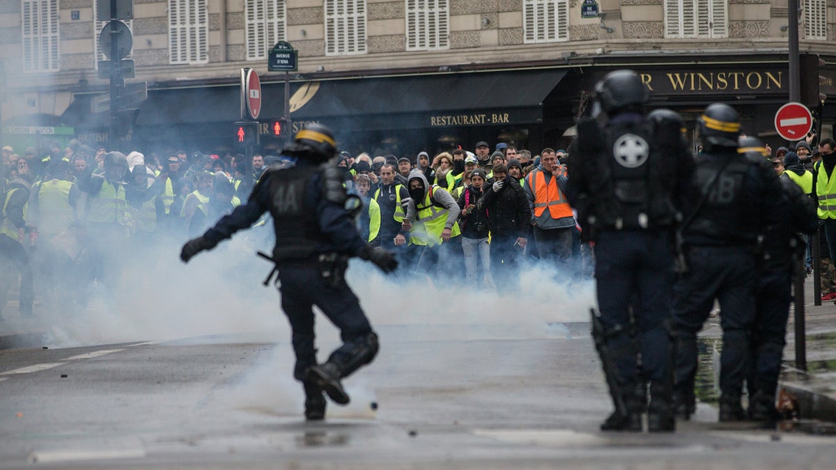 Clashes between police and demonstrators, during demonstration of the "Yellow vests", in Paris, France, on December 8th 2018.