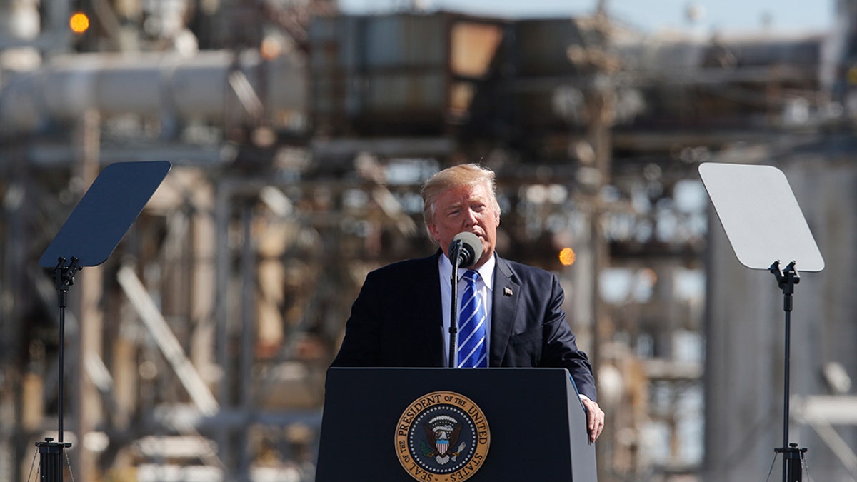 U.S. President Donald Trump addresses a tax reform event with workers at the Andeavor Refinery in Mandan, North Dakota on Sept. 6, 2017.