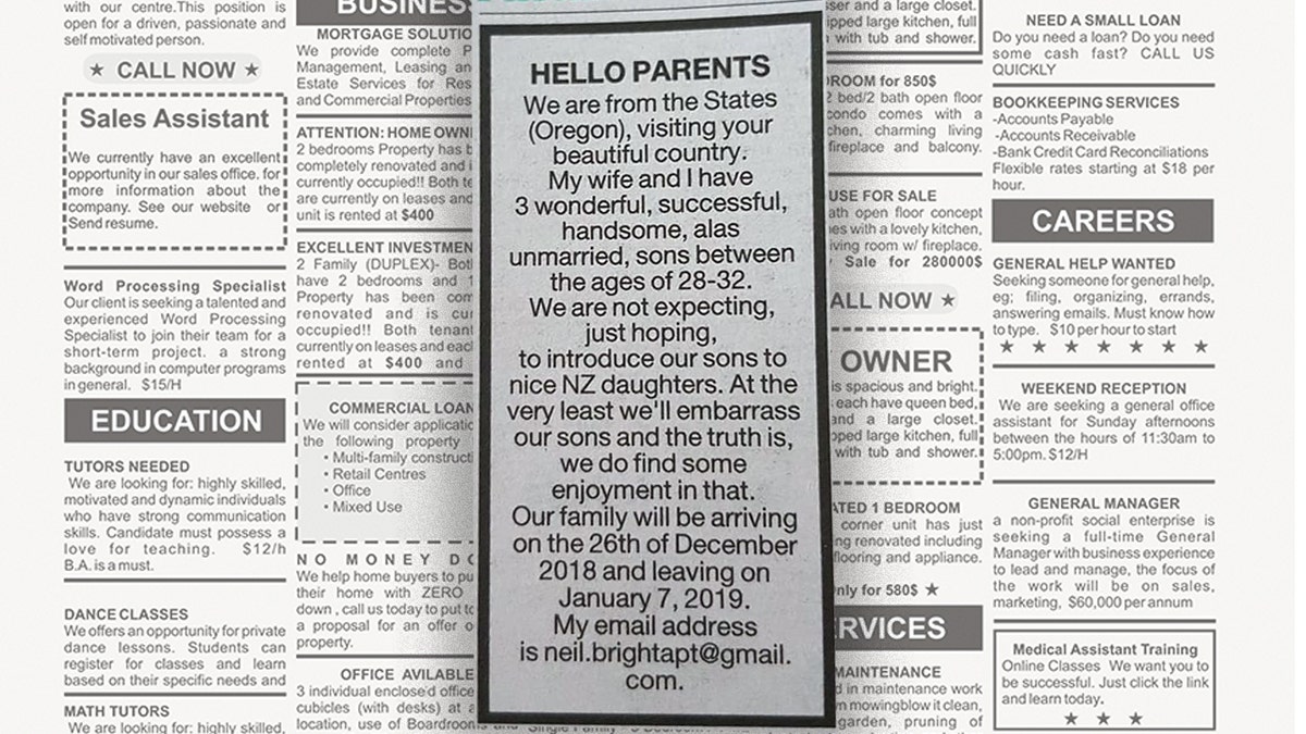 Earlier this week, an Oregon man named Neil placed a classified ad in the New Zealand Herald pursuing blind dates for his three sons during their upcoming vacation.