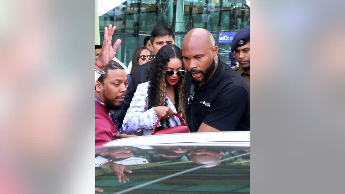 In this Sunday, Dec.9, 2018 photo, singer Beyonce arrives at the Udaipur airport in Rajasthan, India. According to local reports Beyonce was in India to perform at a pre-wedding celebration of for Isha Ambani and Anand Piramal.