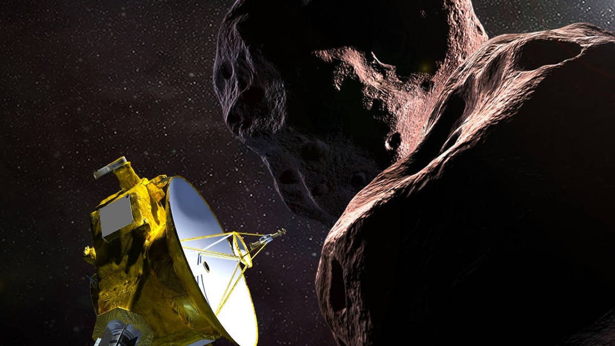 An artist's illustration of NASA's New Horizons spacecraft as it flies by Ultima Thule (2014 MU69) in the Kuiper Belt beyond Pluto on Jan. 1, 2019. (NASA/JHUAPL/SwRI)