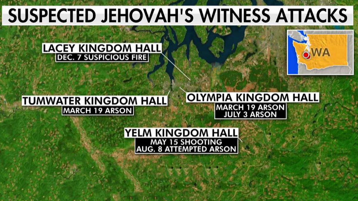 The dates and locations of attacks at Jehovah's Witness Kingdom Halls in Washington state this year.