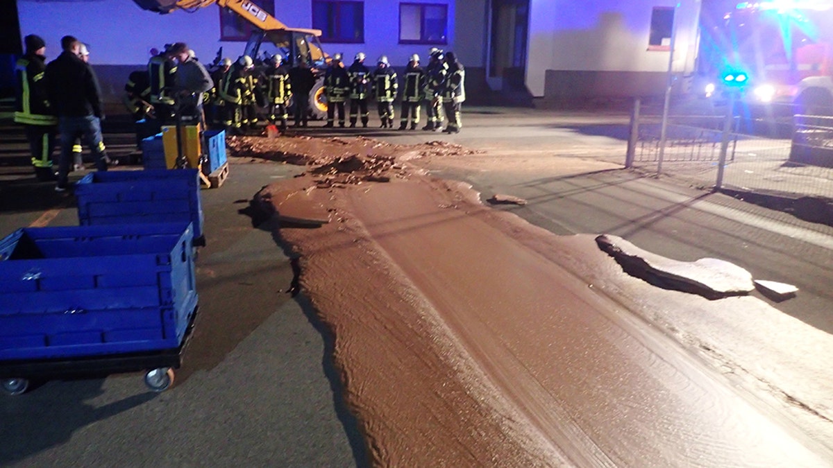 Spilt chocolate is seen on a road in Werl, Germany December 10, 2018 in this picture obtained from social media.