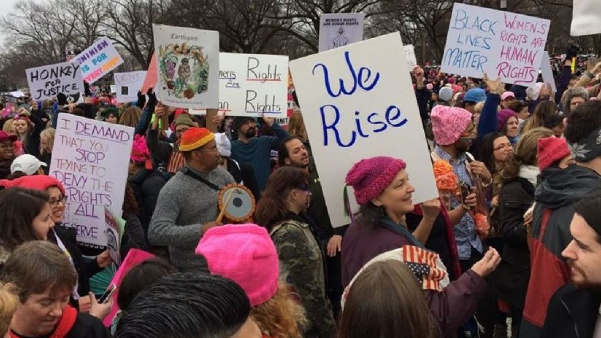Protesters gather on the National Mall in Washington. in the first Women's March in Jan. 21, 2017.