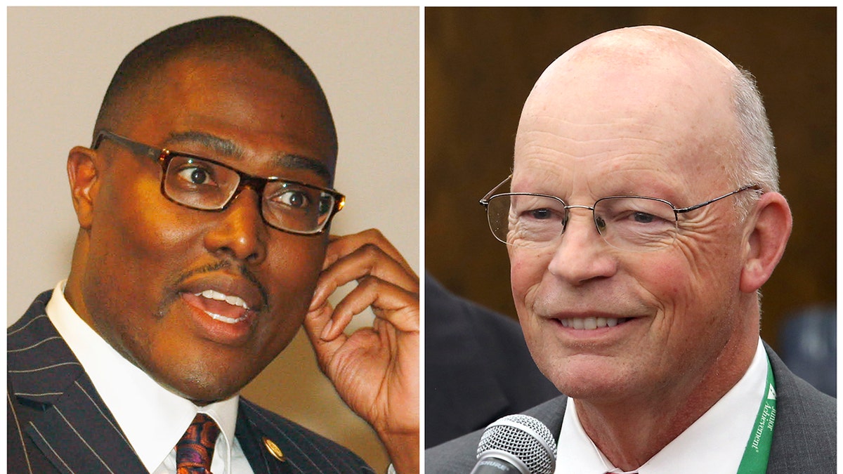 FILE - This combination of file photos shows candidates for mayor of Little Rock, Ark., from left, Frank Scott and Baker Kurrus, in the Tuesday, Dec. 4, 2018, runoff election for the nonpartisan, open seat. Scott, 35, a banking executive and former highway commissioner won Tuesday's runoff for Little Rock mayor, becoming the first African-American elected to lead Arkansas' capital six decades after it was the center of a school desegregation crisis. He'll succeed outgoing Mayor Mark Stodola, who announced earlier this year he wouldn't seek re-election. (The Arkansas Democrat-Gazette via AP, File)