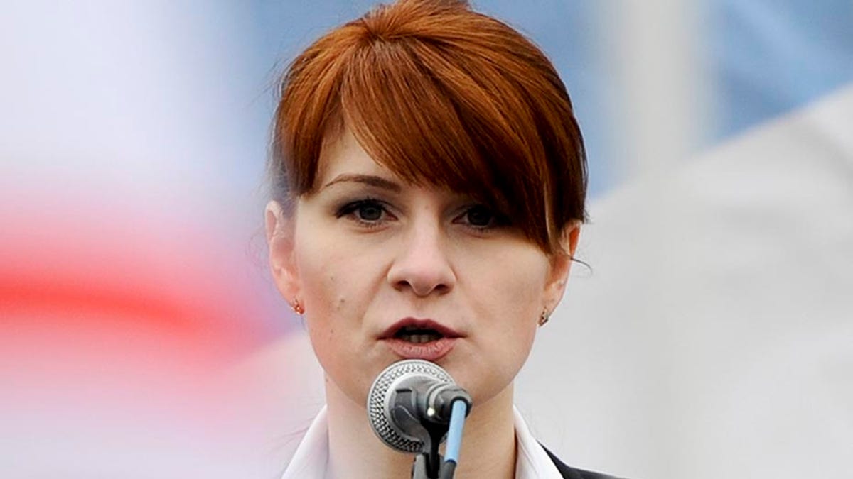 Maria Butina, in 2013, speaks to a crowd during a rally in support of legalizing the possession of handguns in Moscow, Russia.